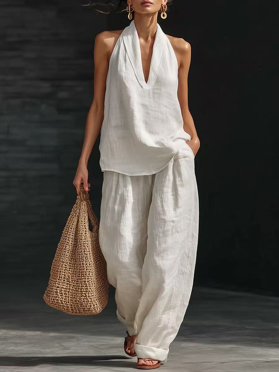 Halter V-Neck Wide-Leg Matching Set – Women's Sets, minimalist style, quiet luxury aesthetic, modern essential – The Simple Co.