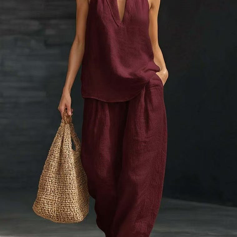 Halter V-Neck Wide-Leg Matching Set – Women's Sets, minimalist style, quiet luxury aesthetic, modern essential – The Simple Co.