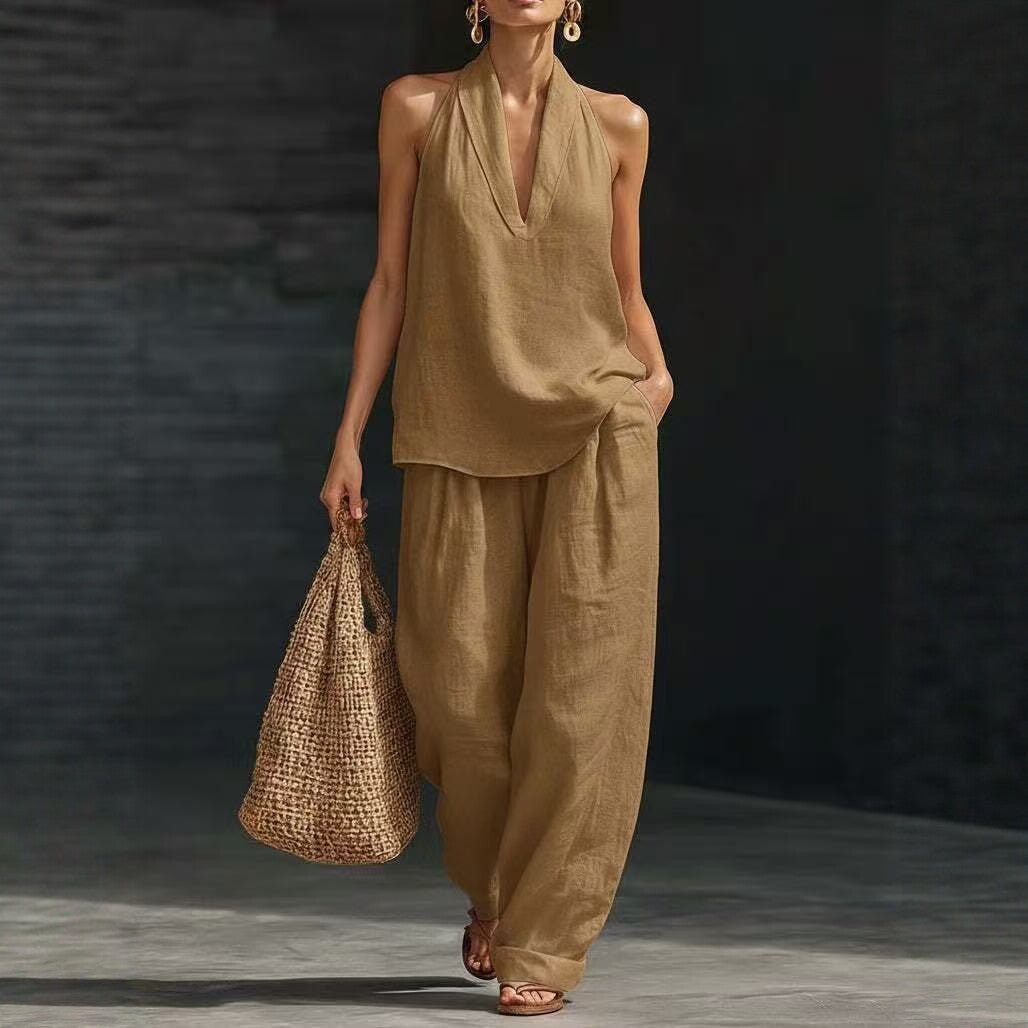 Halter V-Neck Wide-Leg Matching Set – Women's Sets, minimalist style, quiet luxury aesthetic, modern essential – The Simple Co.