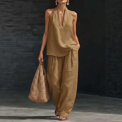 Halter V-Neck Wide-Leg Matching Set – Women's Sets, minimalist style, quiet luxury aesthetic, modern essential – The Simple Co.