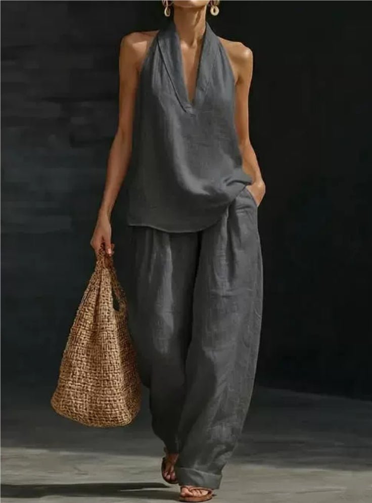 Halter V-Neck Wide-Leg Matching Set – Women's Sets, minimalist style, quiet luxury aesthetic, modern essential – The Simple Co.