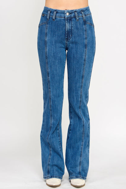 High-Rise Seam-Detail Bell-Bottom Jeans – Jeans, minimalist style, quiet luxury aesthetic, modern essential – The Simple Co.