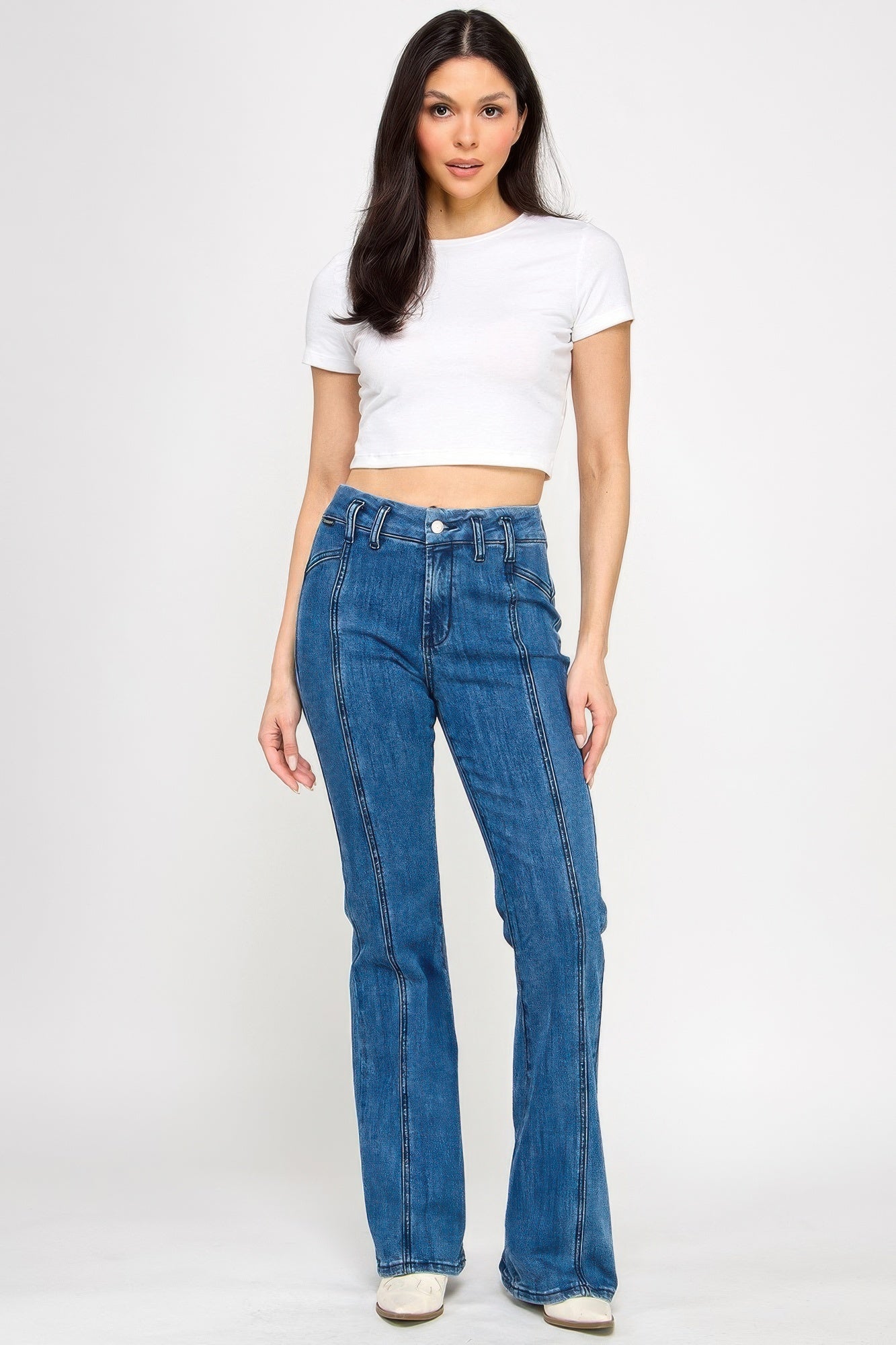 High-Rise Seam-Detail Bell-Bottom Jeans – Jeans, minimalist style, quiet luxury aesthetic, modern essential – The Simple Co.