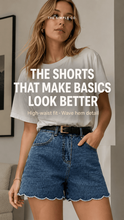 High-Waist Scallop Hem Denim Shorts – Shorts, minimalist style, quiet luxury aesthetic, modern essential – The Simple Co.