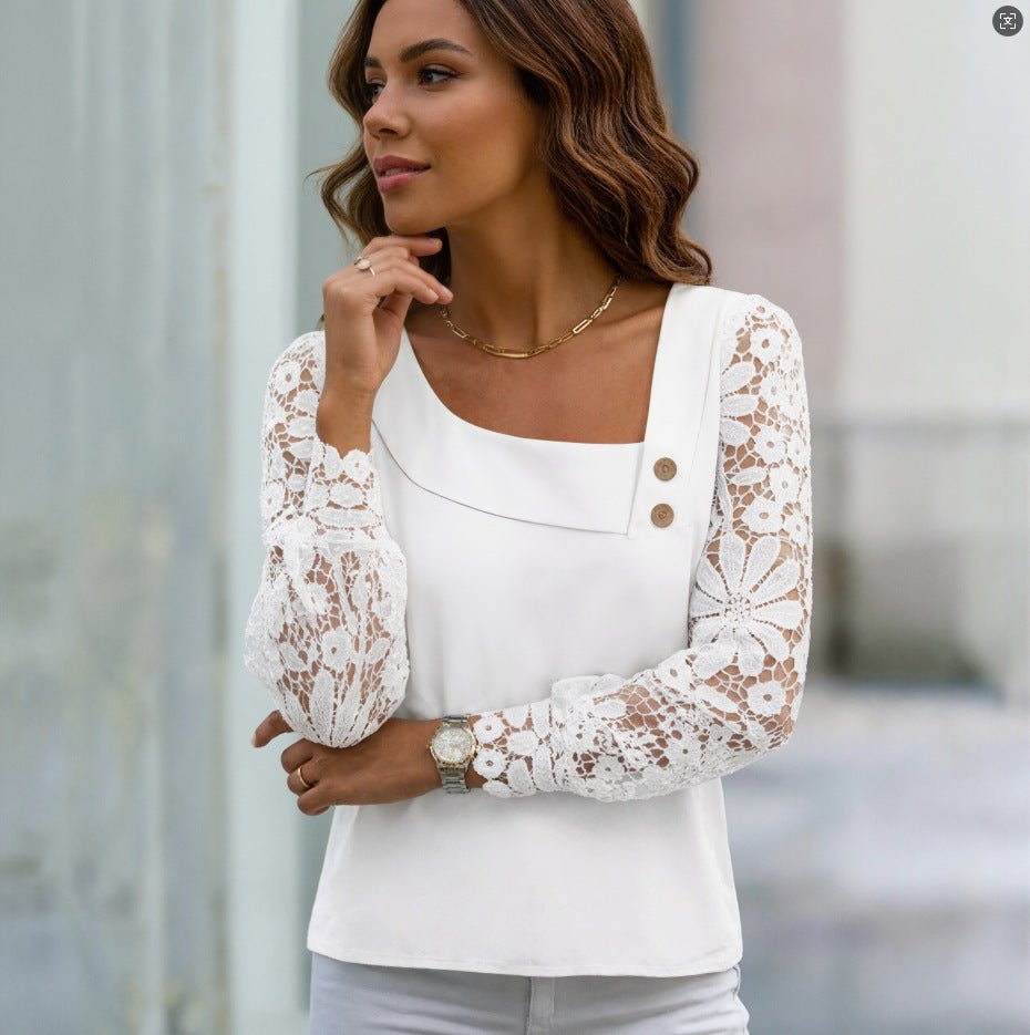 Lace Patchwork Long Sleeve Shirt - Fresh & Sweet Style – Minimal Elegance | The Simple Co – Women's Tops, minimalist style, quiet luxury aesthetic, modern essential – The Simple Co.