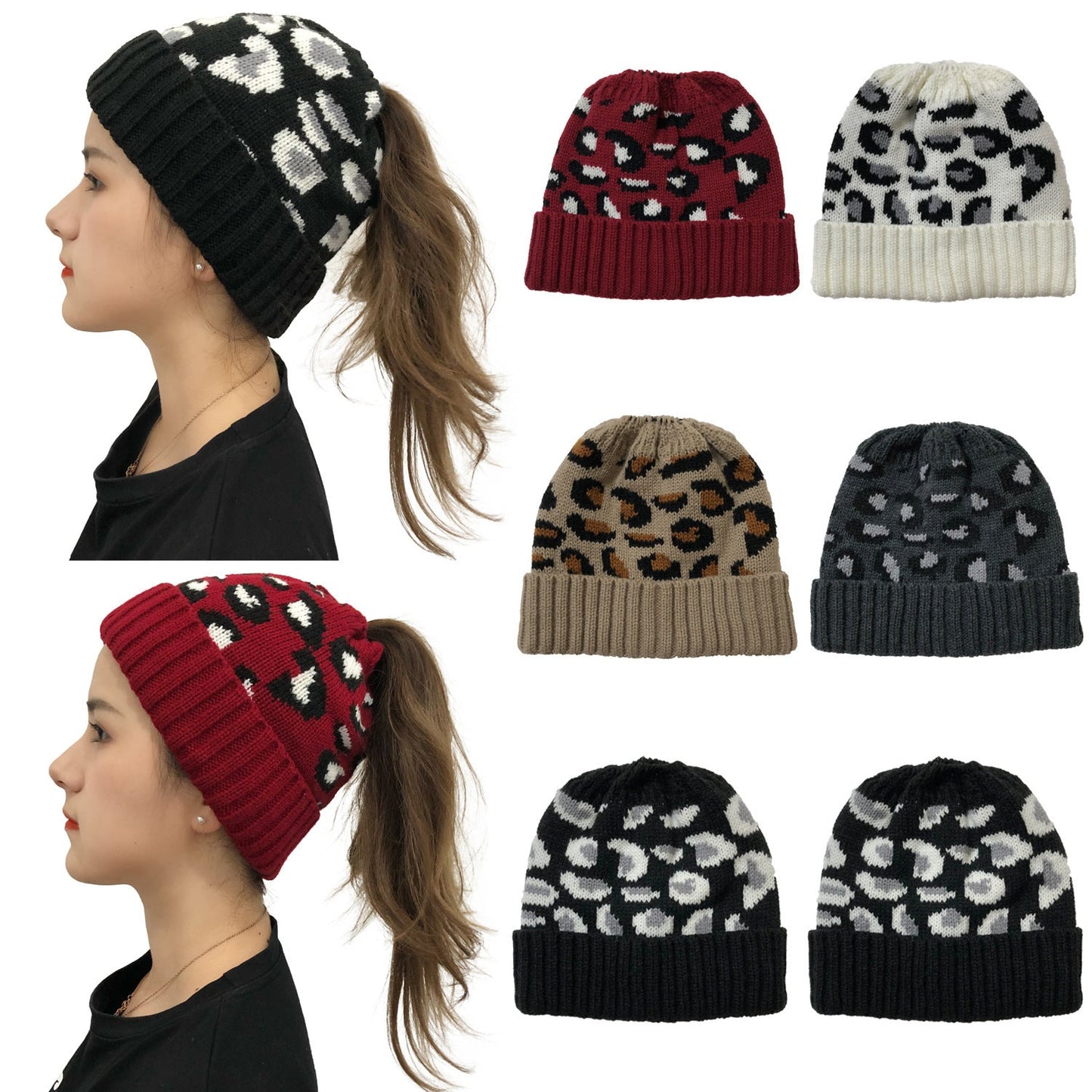 Leopard Jacquard Ponytail Knitted Woolen Hat – Minimal Elegance | The Simple Co – Practical cottage, minimalist style, quiet luxury aesthetic, modern essential – The Simple Co.