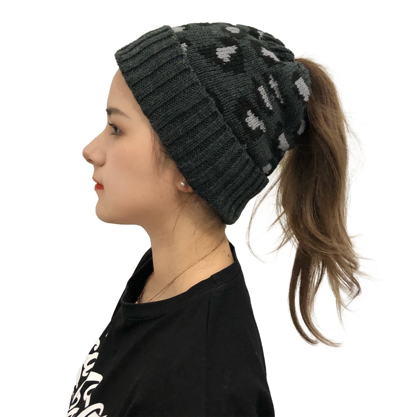 Leopard Jacquard Ponytail Knitted Woolen Hat – Minimal Elegance | The Simple Co – Practical cottage, minimalist style, quiet luxury aesthetic, modern essential – The Simple Co.