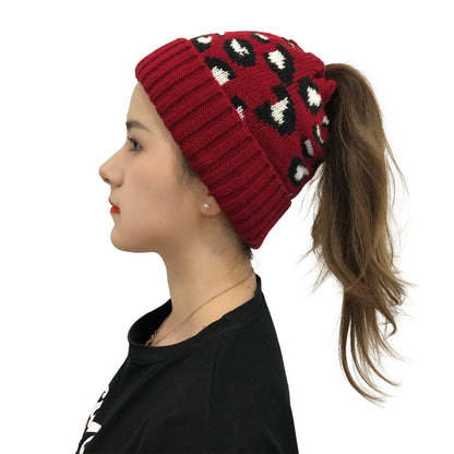 Leopard Jacquard Ponytail Knitted Woolen Hat – Minimal Elegance | The Simple Co – Practical cottage, minimalist style, quiet luxury aesthetic, modern essential – The Simple Co.