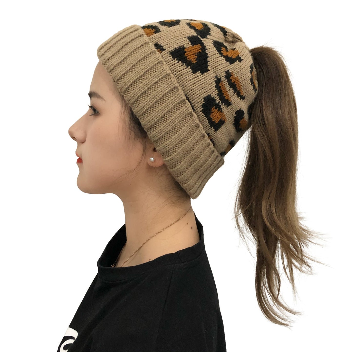 Leopard Jacquard Ponytail Knitted Woolen Hat – Minimal Elegance | The Simple Co – Practical cottage, minimalist style, quiet luxury aesthetic, modern essential – The Simple Co.