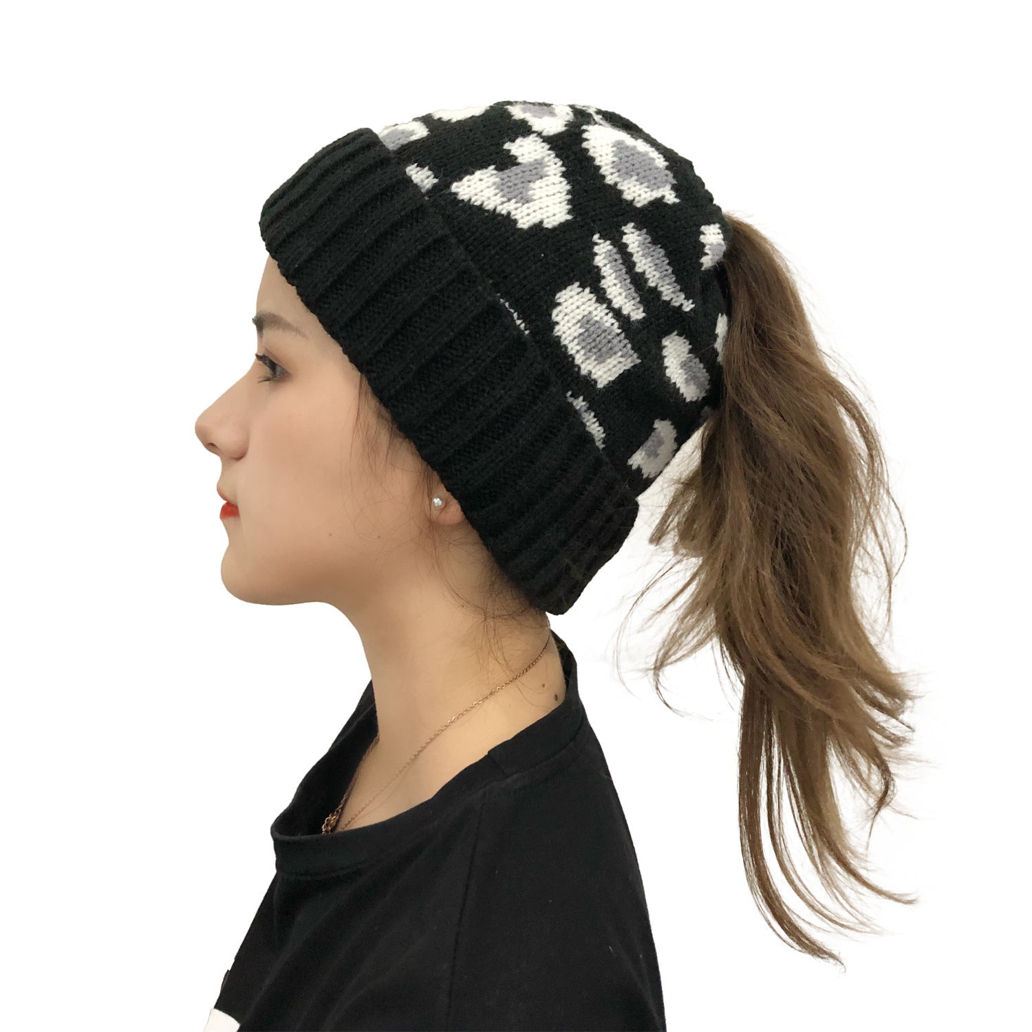 Leopard Jacquard Ponytail Knitted Woolen Hat – Minimal Elegance | The Simple Co – Practical cottage, minimalist style, quiet luxury aesthetic, modern essential – The Simple Co.