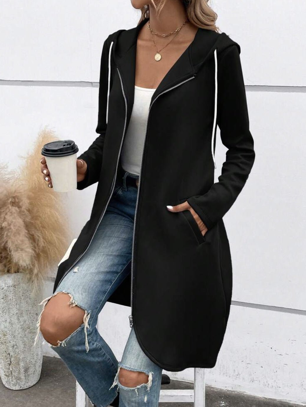 Long Zip Hooded Sweatshirt with Velvet – Minimal Elegance | The Simple Co – Practical cottage, minimalist style, quiet luxury aesthetic, modern essential – The Simple Co.