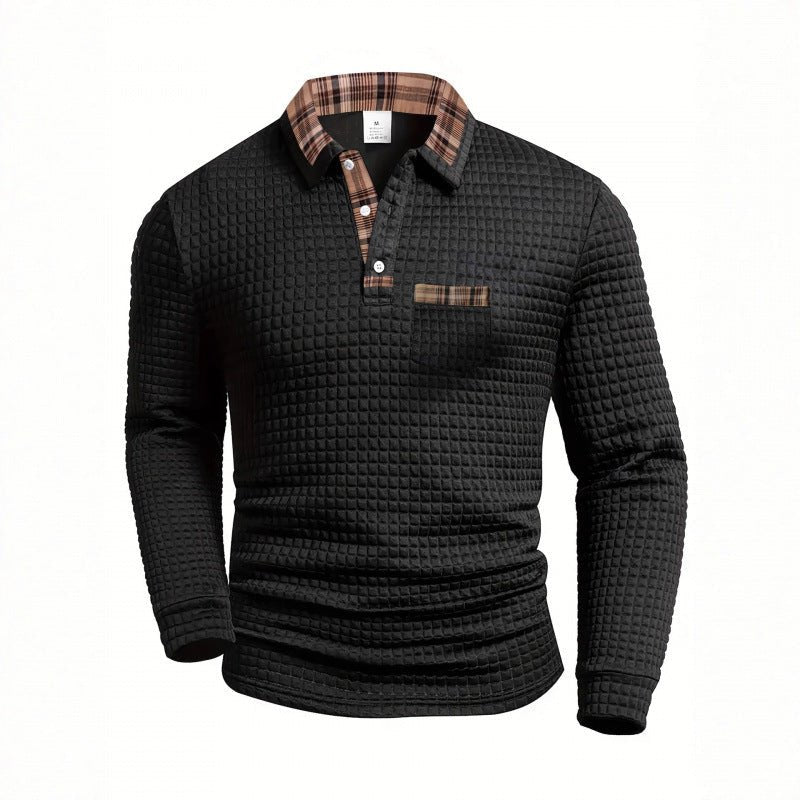 Men's Casual Patchwork Pocket Long Sleeve Polo Shirt - Grid Pattern – Minimal Elegance | The Simple Co – Men’s Long Sleeves, minimalist style, quiet luxury aesthetic, modern essential – The Simple Co.