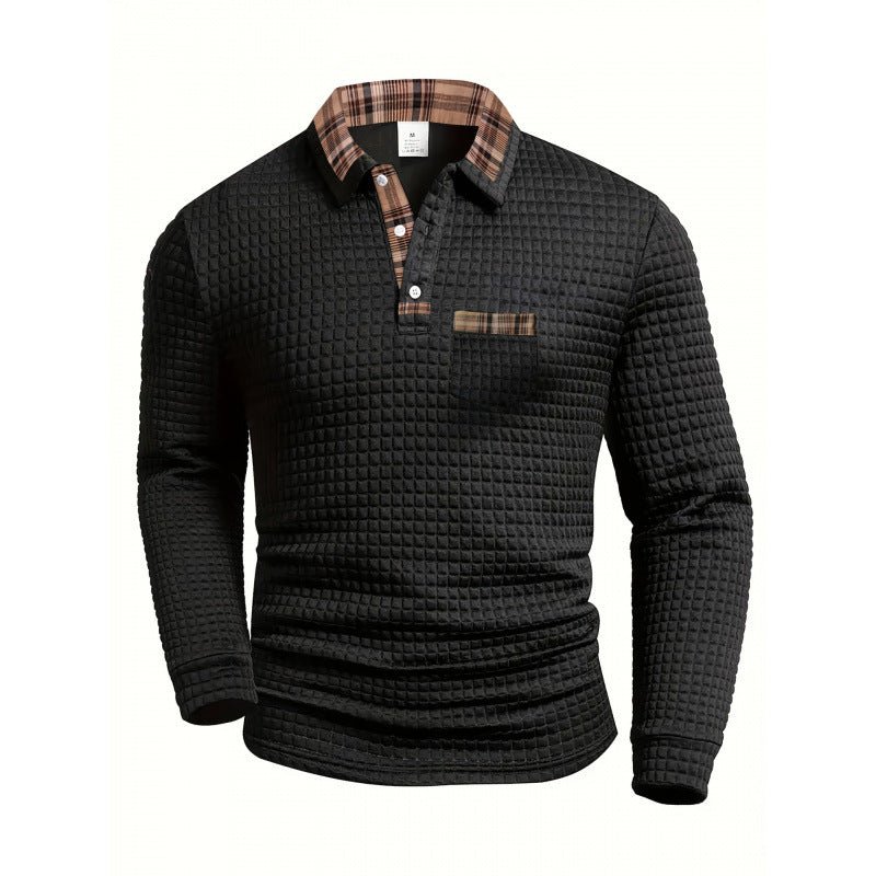 Men's Casual Patchwork Pocket Long Sleeve Polo Shirt - Grid Pattern – Minimal Elegance | The Simple Co – Men’s Long Sleeves, minimalist style, quiet luxury aesthetic, modern essential – The Simple Co.