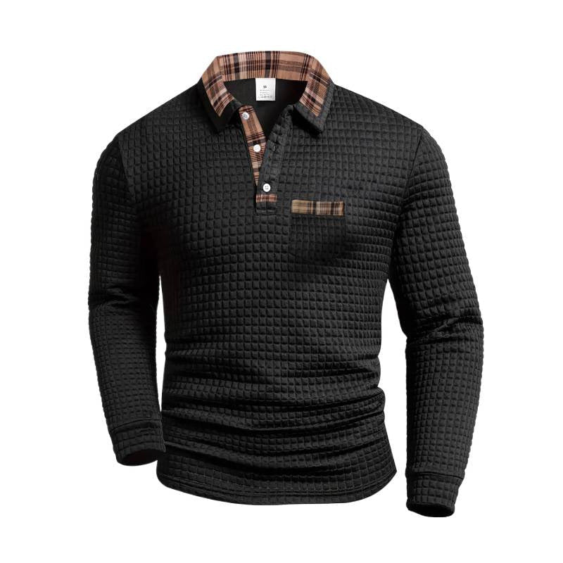 Men's Casual Patchwork Pocket Long Sleeve Polo Shirt - Grid Pattern – Minimal Elegance | The Simple Co – Men’s Long Sleeves, minimalist style, quiet luxury aesthetic, modern essential – The Simple Co.