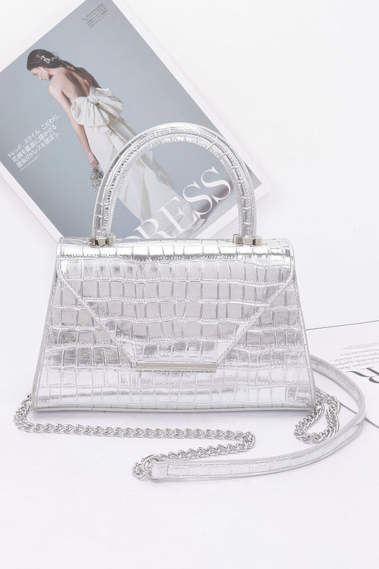 Silver metallic croc embossed top handle handbag
