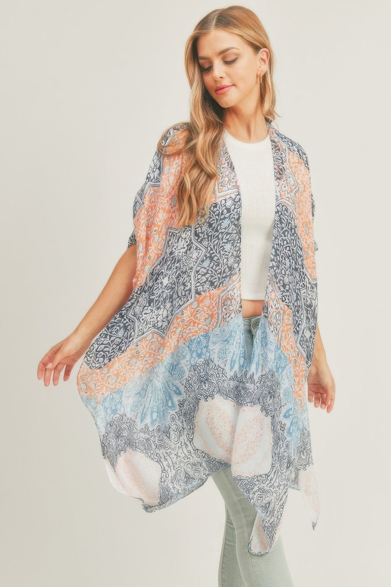 Mixed-Print Open-Front Kimono Layer – Light Layers, minimalist style, quiet luxury aesthetic, modern essential – The Simple Co.