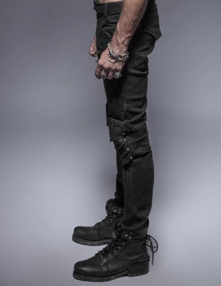 Motorcycle Denim Jeans with Swinging Knee - Dune Steampunk Armor Style – Minimal Elegance | The Simple Co – Men’s Bottoms, minimalist style, quiet luxury aesthetic, modern essential – The Simple Co.