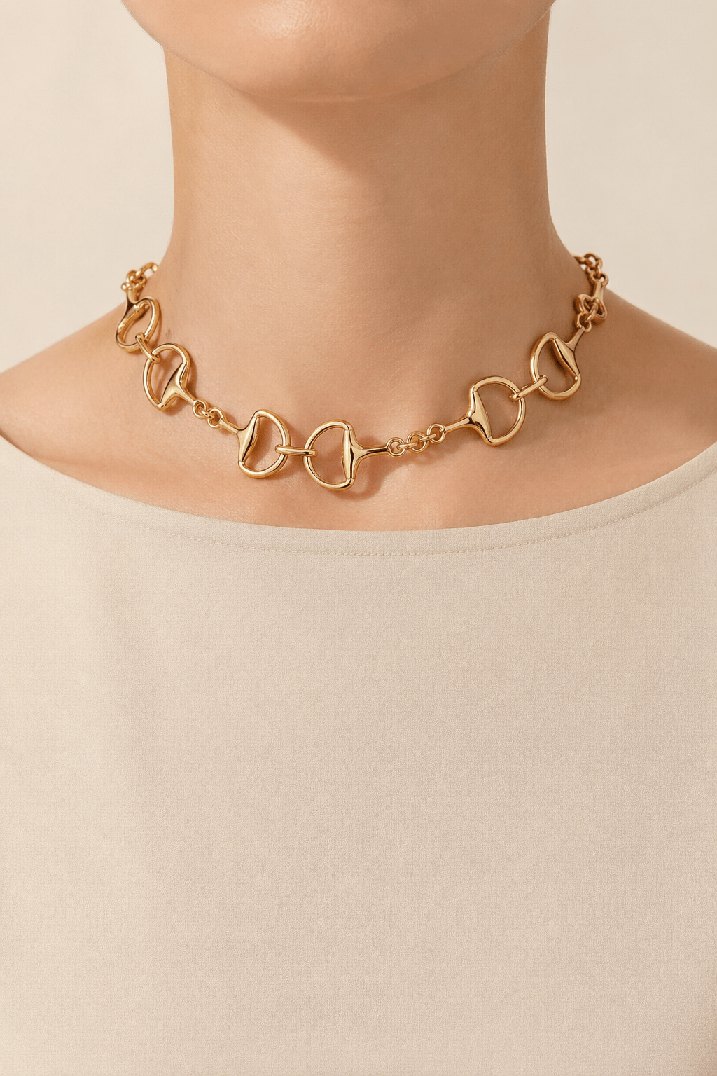 Polished toggle-link choker worn on a fair-light skin model