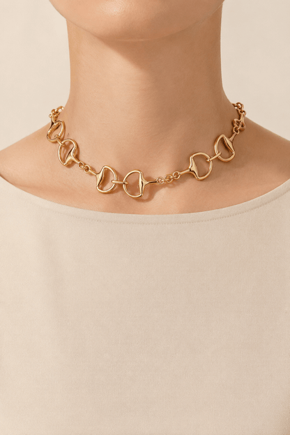 Polished toggle-link choker worn on a fair-light skin model