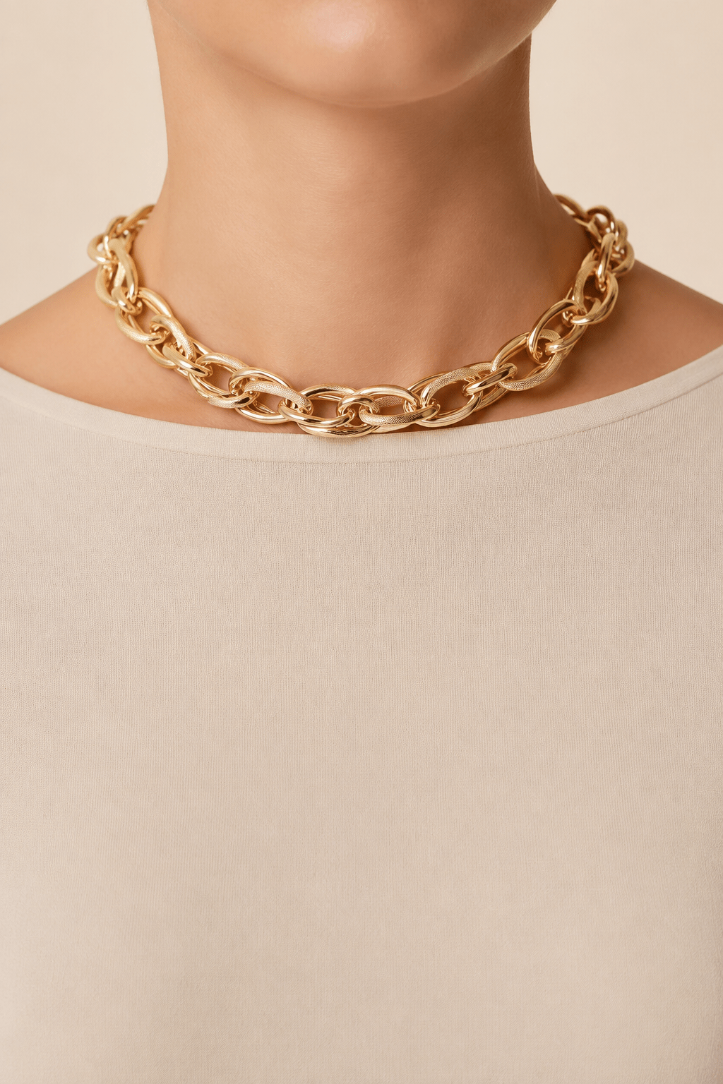 Textured link chain choker worn on a fair-light skin model