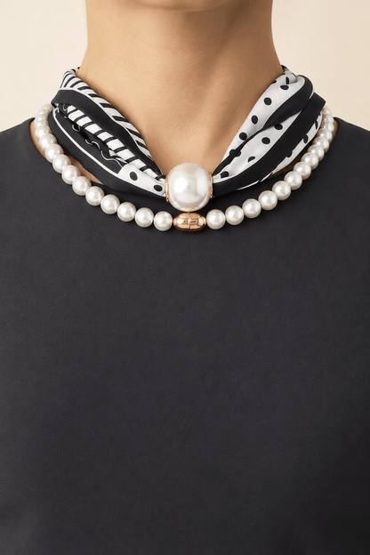 Black and white scarf and pearl-effect statement necklace worn on a fair-light skin model