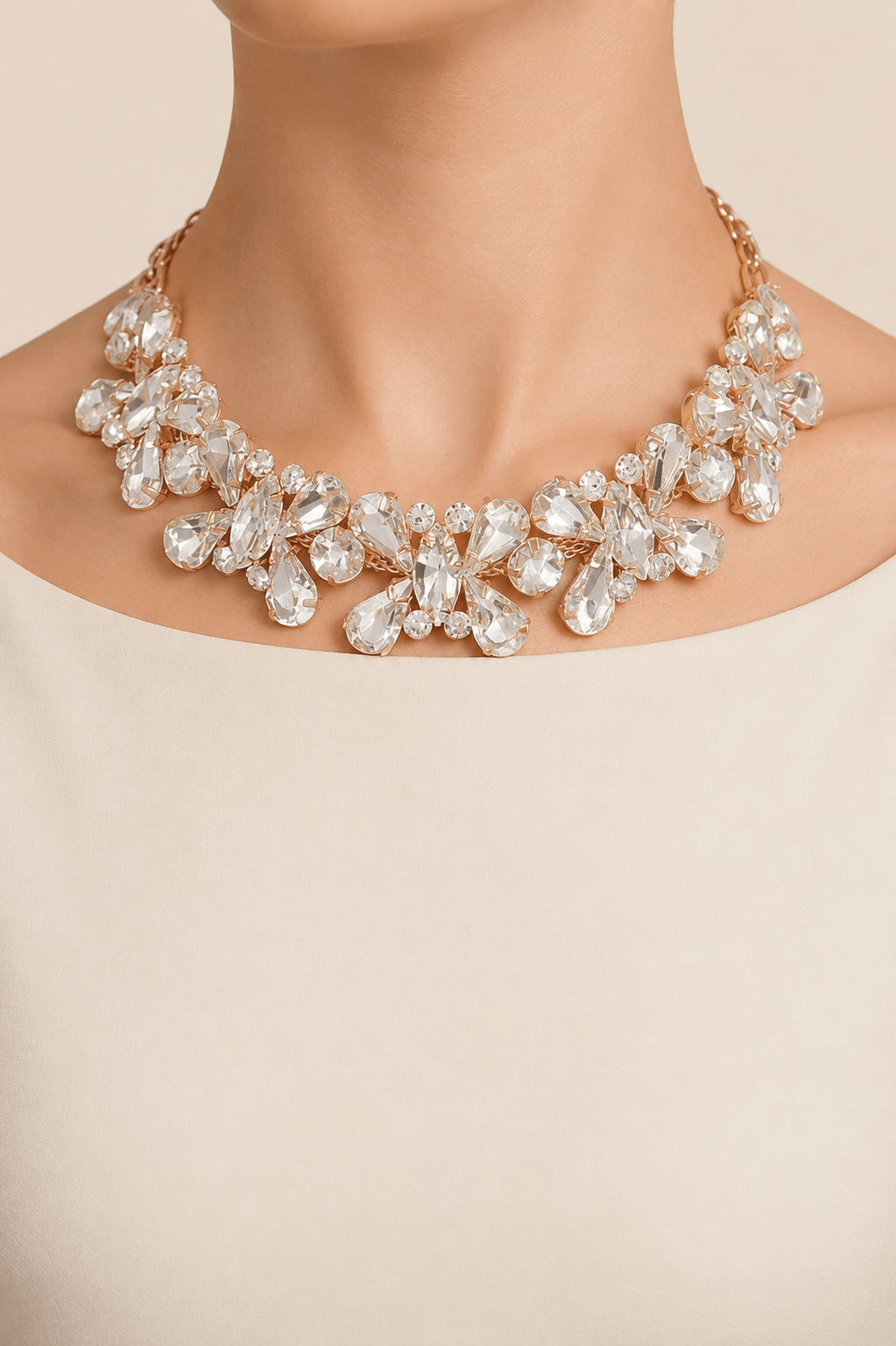 Floral stone necklace worn on a fair-light skin model