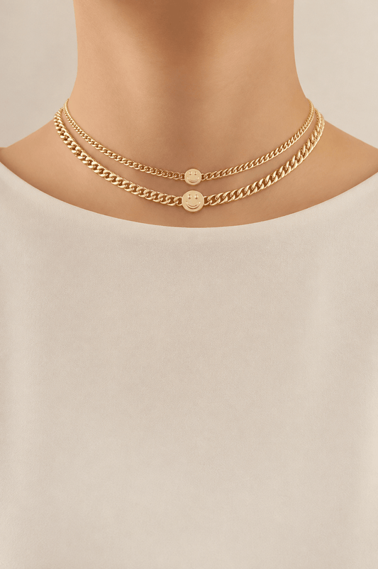 Smiley disc double-chain choker worn on a fair-light skin model