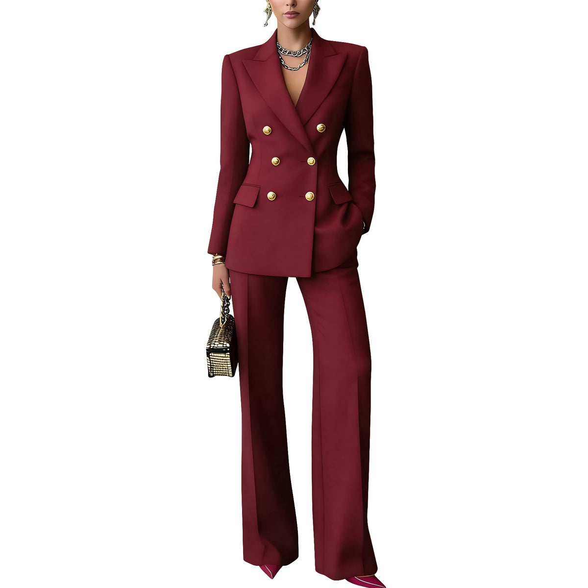 Notched-Lapel Blazer & Trouser Set — Wine Red
