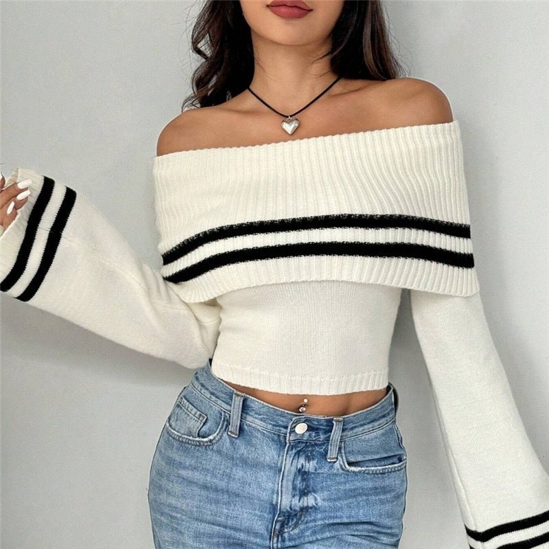 Off - Shoulder Crop Knitted Bell Sleeve Sweater – Minimal Elegance | The Simple Co – Women's Tops, minimalist style, quiet luxury aesthetic, modern essential – The Simple Co.