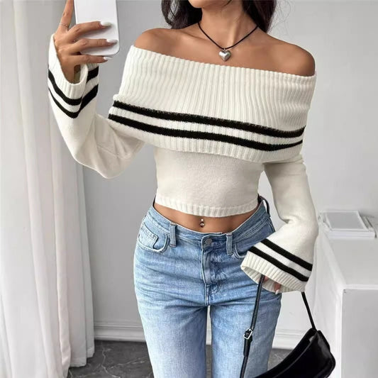 Off - Shoulder Crop Knitted Bell Sleeve Sweater – Minimal Elegance | The Simple Co – Women's Tops, minimalist style, quiet luxury aesthetic, modern essential – The Simple Co.