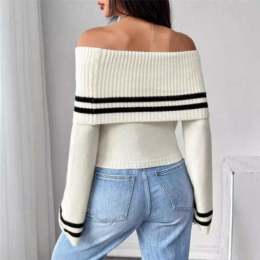 Off - Shoulder Crop Knitted Bell Sleeve Sweater – Minimal Elegance | The Simple Co – Women's Tops, minimalist style, quiet luxury aesthetic, modern essential – The Simple Co.