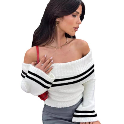 Off - Shoulder Crop Knitted Bell Sleeve Sweater – Minimal Elegance | The Simple Co – Women's Tops, minimalist style, quiet luxury aesthetic, modern essential – The Simple Co.