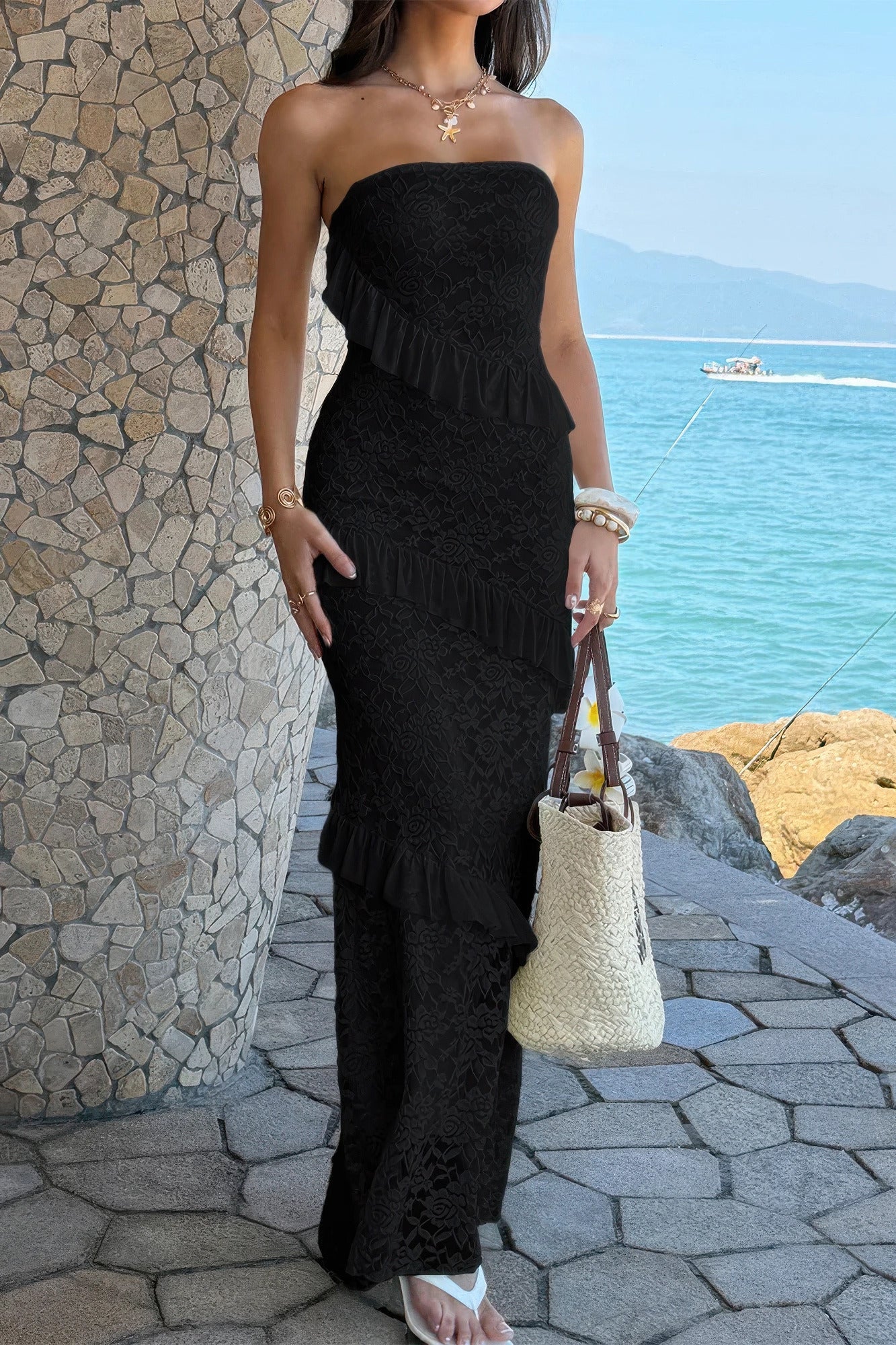 Off-Shoulder Lace Maxi Dress – Dresses, minimalist style, quiet luxury aesthetic, modern essential – The Simple Co.