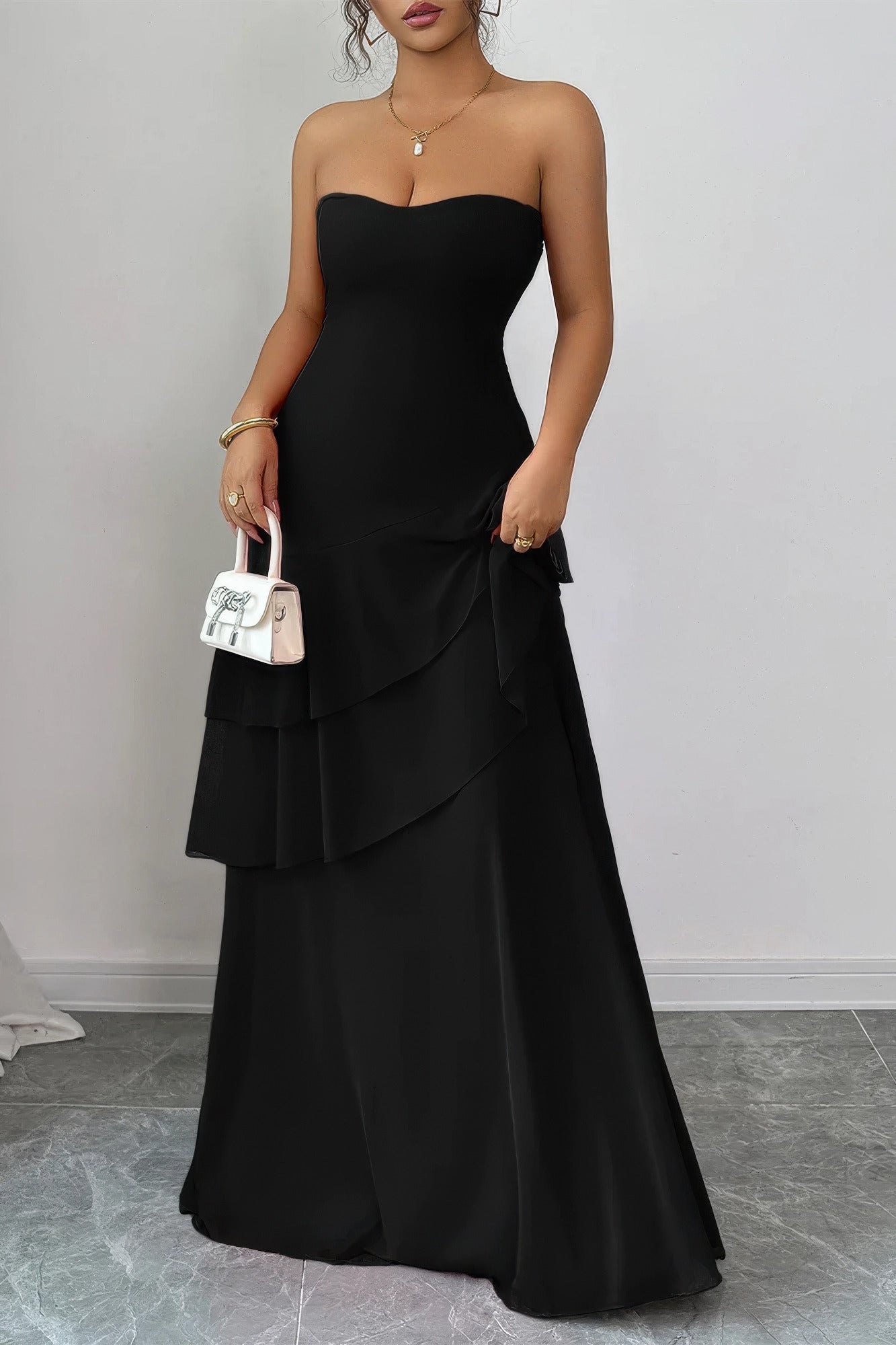 Off-Shoulder Layered Maxi Dress – Dresses, minimalist style, quiet luxury aesthetic, modern essential – The Simple Co.