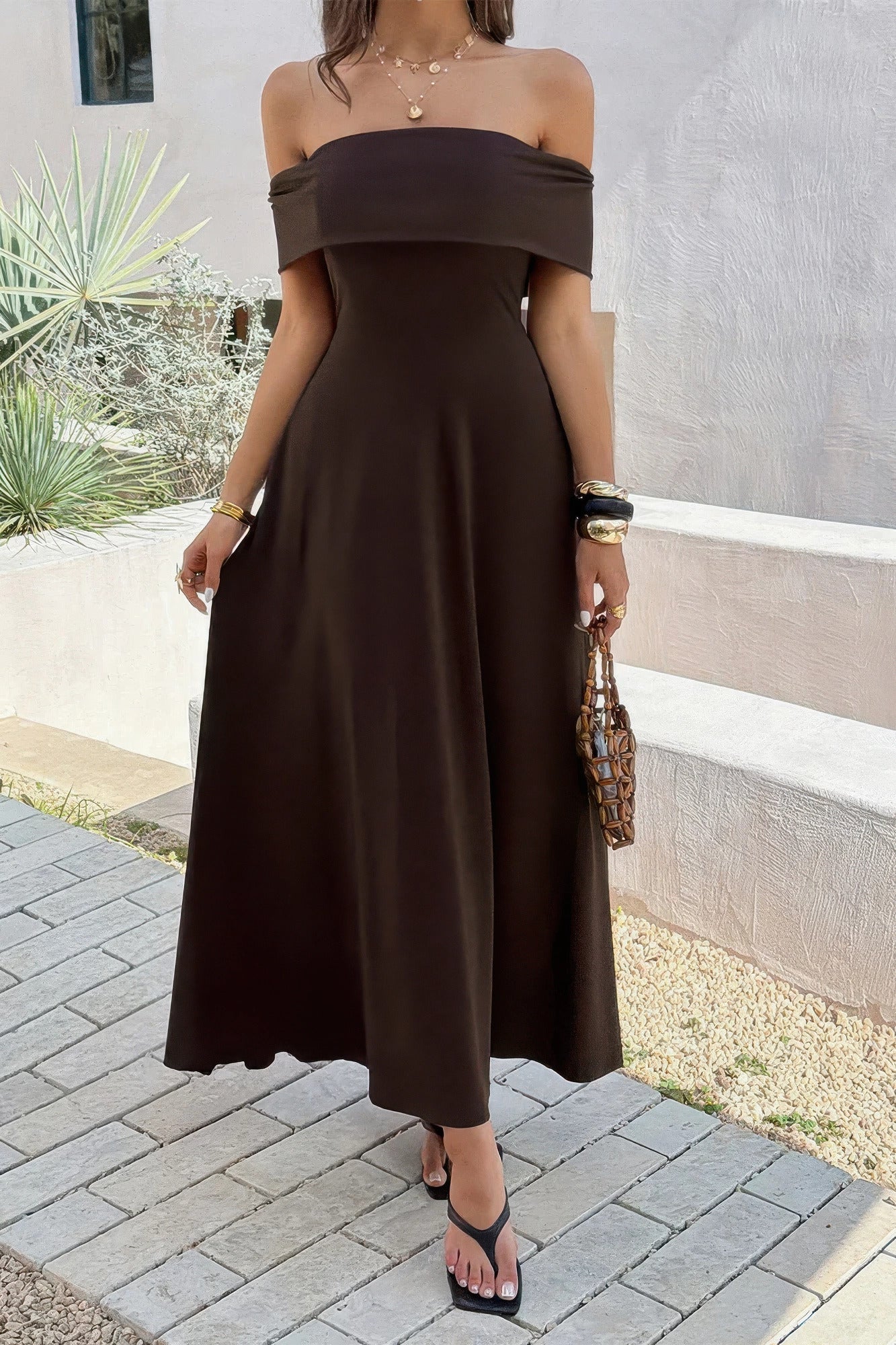 Off-Shoulder Open-Back Maxi Dress – Dresses, minimalist style, quiet luxury aesthetic, modern essential – The Simple Co.