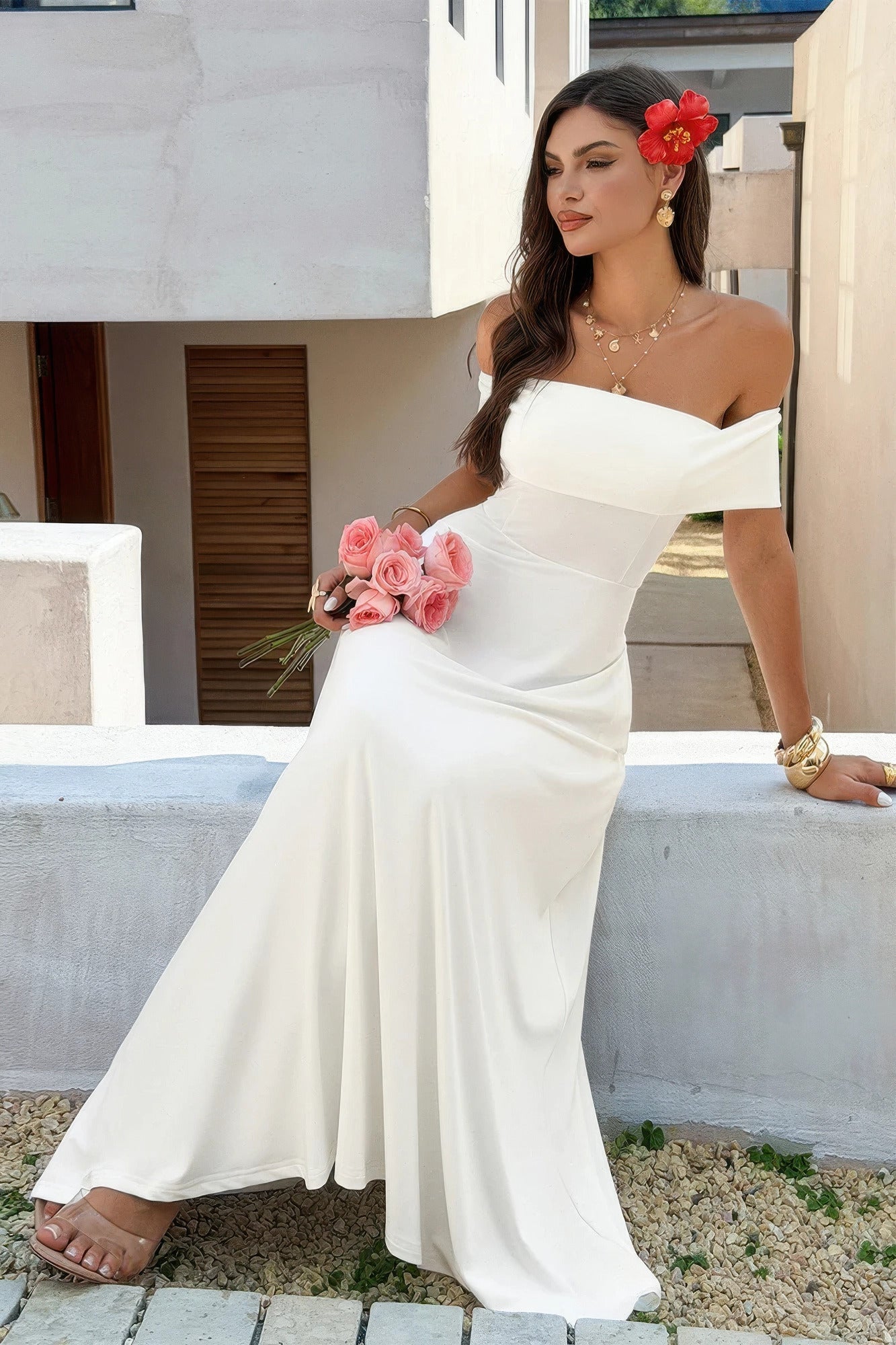 Off-Shoulder Open-Back Maxi Dress – Dresses, minimalist style, quiet luxury aesthetic, modern essential – The Simple Co.