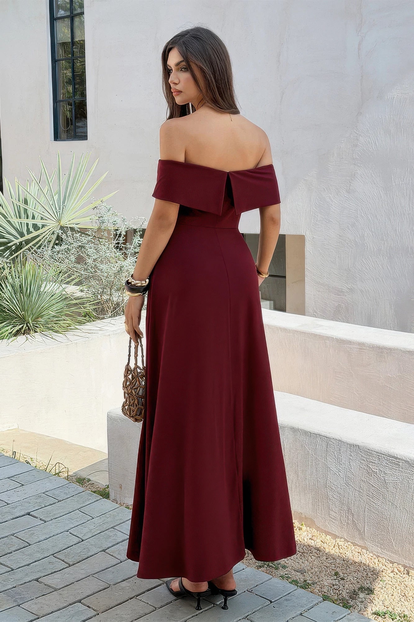 Off-Shoulder Open-Back Maxi Dress – Dresses, minimalist style, quiet luxury aesthetic, modern essential – The Simple Co.