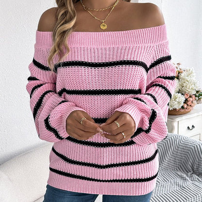 Off - Shoulder Striped Sweater - 2026 Winter Collection Long Sleeve Pullover – Minimal Elegance | The Simple Co – Practical cottage, minimalist style, quiet luxury aesthetic, modern essential – The Simple Co.