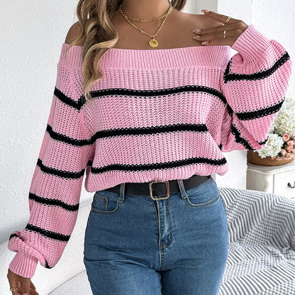 Off - Shoulder Striped Sweater - 2026 Winter Collection Long Sleeve Pullover – Minimal Elegance | The Simple Co – Practical cottage, minimalist style, quiet luxury aesthetic, modern essential – The Simple Co.