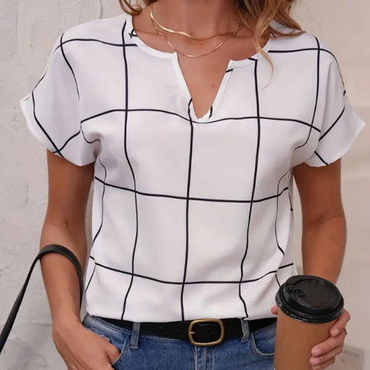 Plaid Print Notched Neck Blouse in L – Effortless Lightweight Summer Top for Women | The Simple Co. – Apparel & Accessories > Clothing > Shirt, minimalist style, quiet luxury aesthetic, modern essential – The Simple Co.