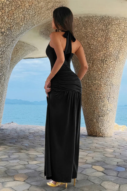 Pleated High-Slit Halter Maxi Dress – Dresses, minimalist style, quiet luxury aesthetic, modern essential – The Simple Co.