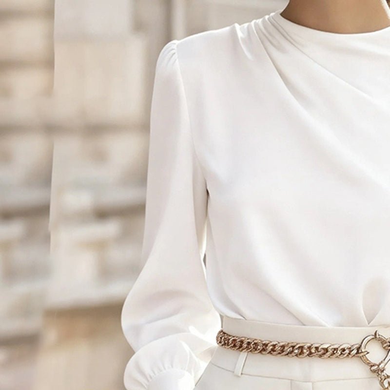 Pleated Long Sleeve Blouse, Round – Minimal Elegance | The Simple Co – Practical cottage, minimalist style, quiet luxury aesthetic, modern essential – The Simple Co.