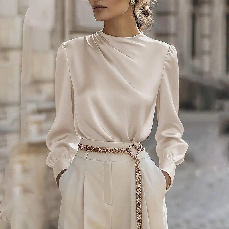 Pleated Long Sleeve Blouse, Round – Minimal Elegance | The Simple Co – Practical cottage, minimalist style, quiet luxury aesthetic, modern essential – The Simple Co.