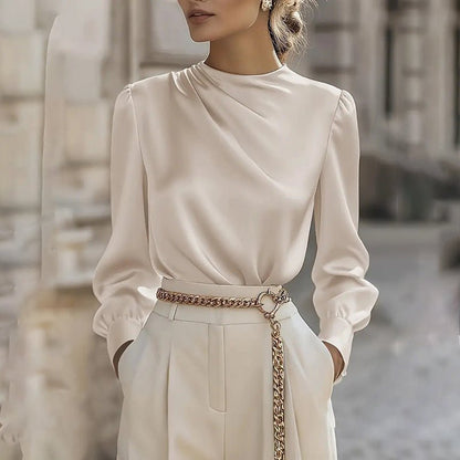 Pleated Long Sleeve Blouse, Round – Minimal Elegance | The Simple Co – Practical cottage, minimalist style, quiet luxury aesthetic, modern essential – The Simple Co.