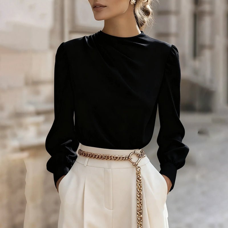 Pleated Long Sleeve Blouse, Round – Minimal Elegance | The Simple Co – Practical cottage, minimalist style, quiet luxury aesthetic, modern essential – The Simple Co.