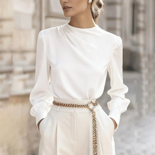 Pleated Long Sleeve Blouse, Round – Minimal Elegance | The Simple Co – Practical cottage, minimalist style, quiet luxury aesthetic, modern essential – The Simple Co.