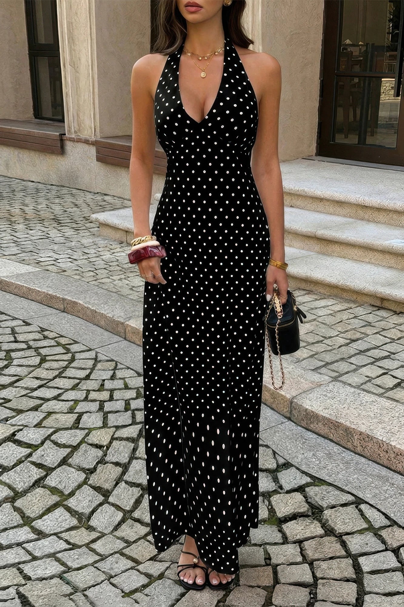 Polka-Dot Halter Maxi Dress – Dresses, minimalist style, quiet luxury aesthetic, modern essential – The Simple Co.