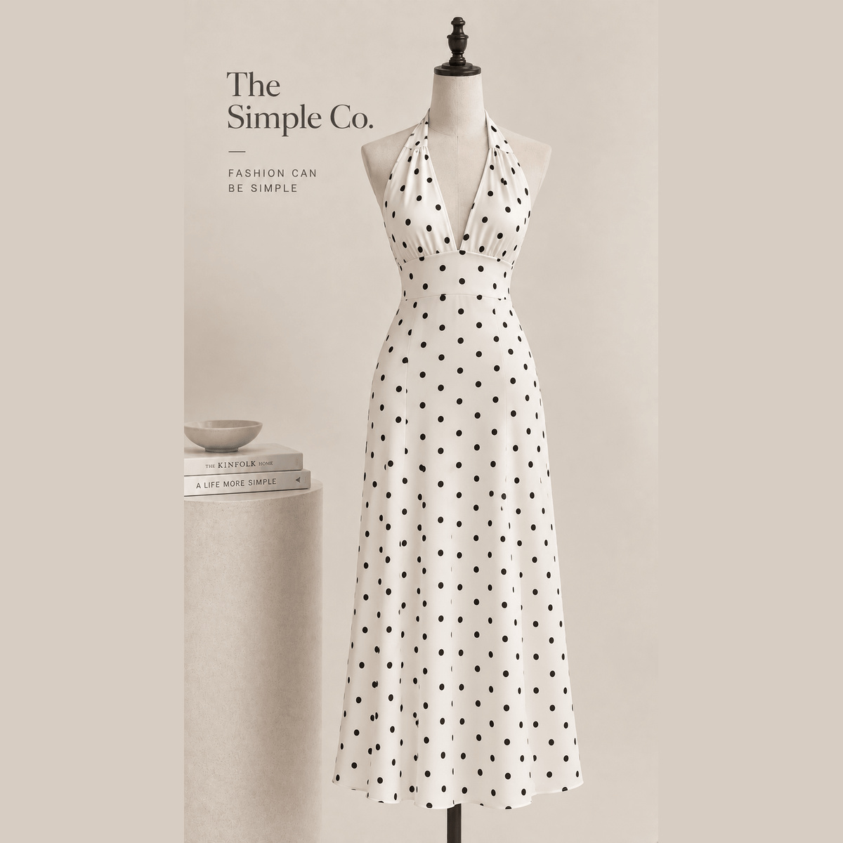 Polka-Dot Halter Maxi Dress in cream, product display