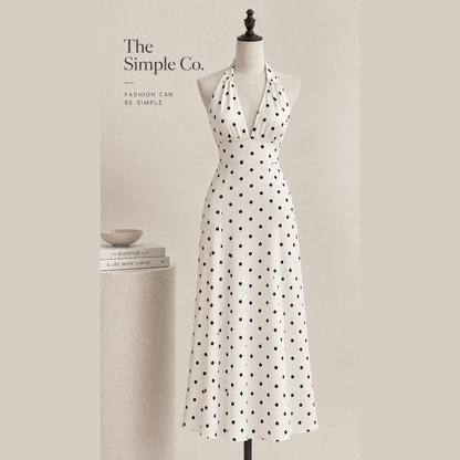 Polka-Dot Halter Maxi Dress in cream, product display