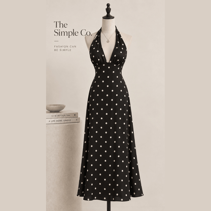 Polka-Dot Halter Maxi Dress in black, product display